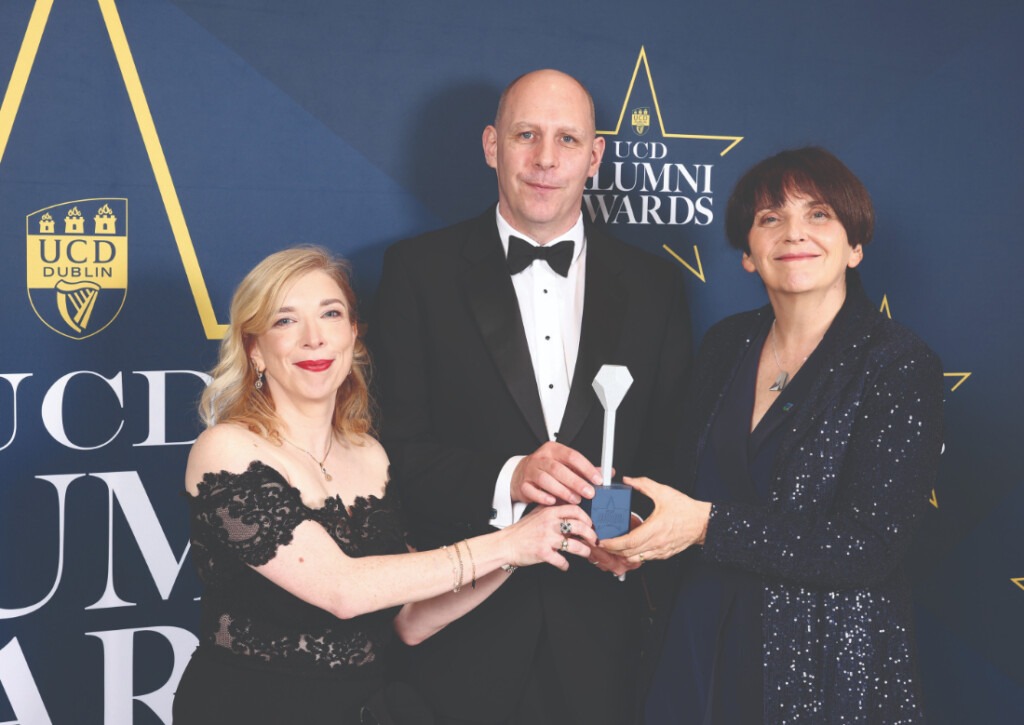 Prof. Aoife Ahern, Principal, UCD College of Engineering and Architecture with Malachy Browne, UCD Alumni Award 2023 in Engineering and Architecture with the President of UCD, Prof. Orla Feely. 