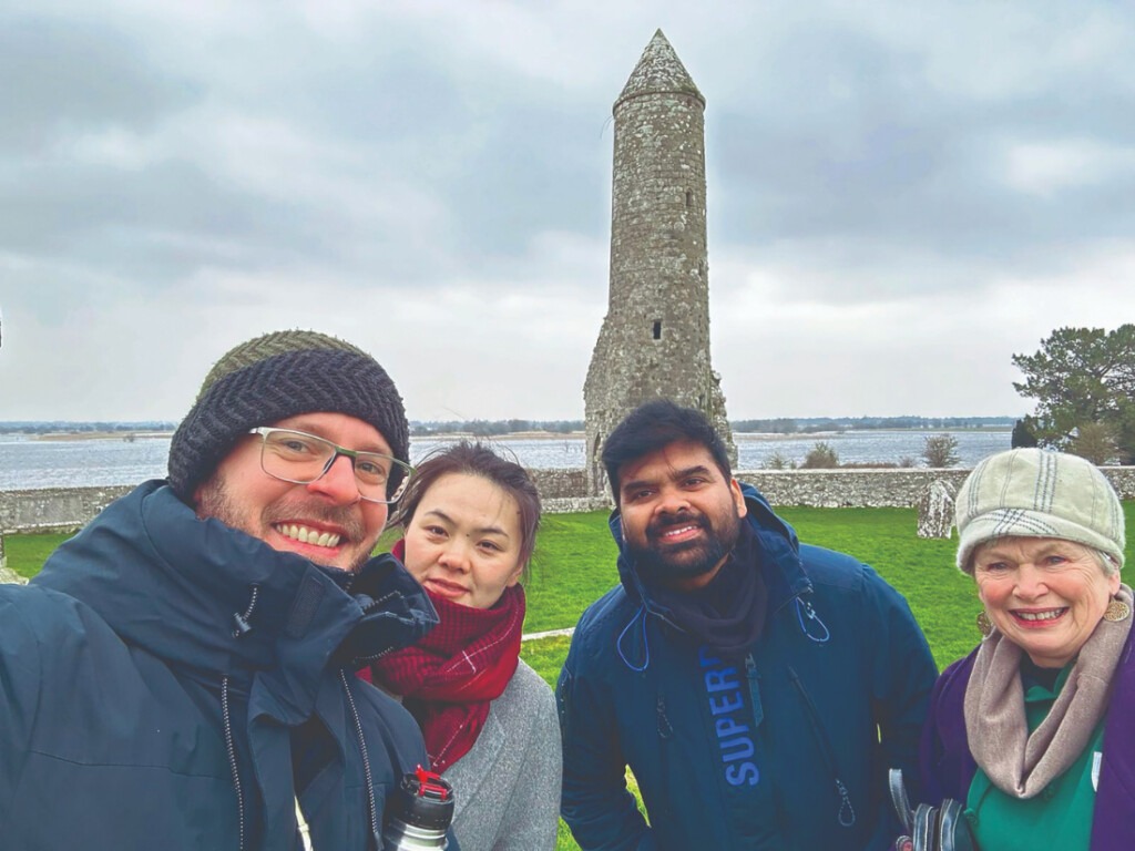 Student buddies Lautaro, Pandi and Jafar with alumni buddy Mary Boissel in Clonmacnoise, March 2024.