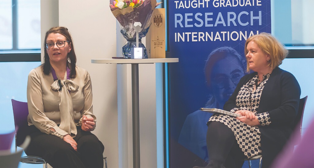 Alumni Awardee Rachel Kenna, Chief Nursing Officer at the Department of Health visits UCD for a ‘fireside chat’ with Prof. Maria Brenner, UCD School of Nursing, Midwifery and Health Systems.