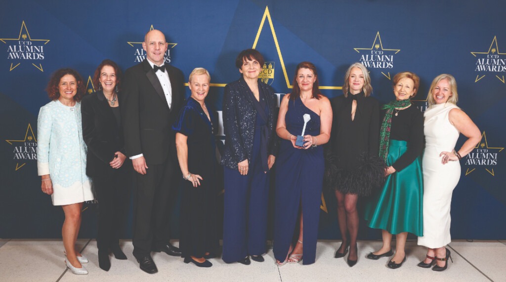 UCD Alumni Awardees 2023 Aedamar Comiskey, Dr Eileen Furlong, Malachy Browne, Dr Margaret Faul, President of UCD, Prof. Orla Feely, Rachel Kenna, Dr Alison Darcy, Olivia O’Leary and Kerry McLaverty.