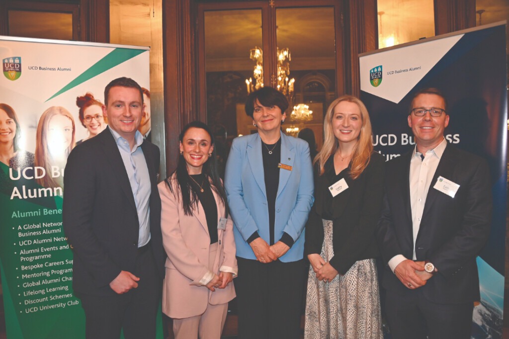 Alumni Panel Jamie Mintern, Jane McCooey, Cathy Basquel and Eoin Duane with UCD President, Prof. Orla Feely. 