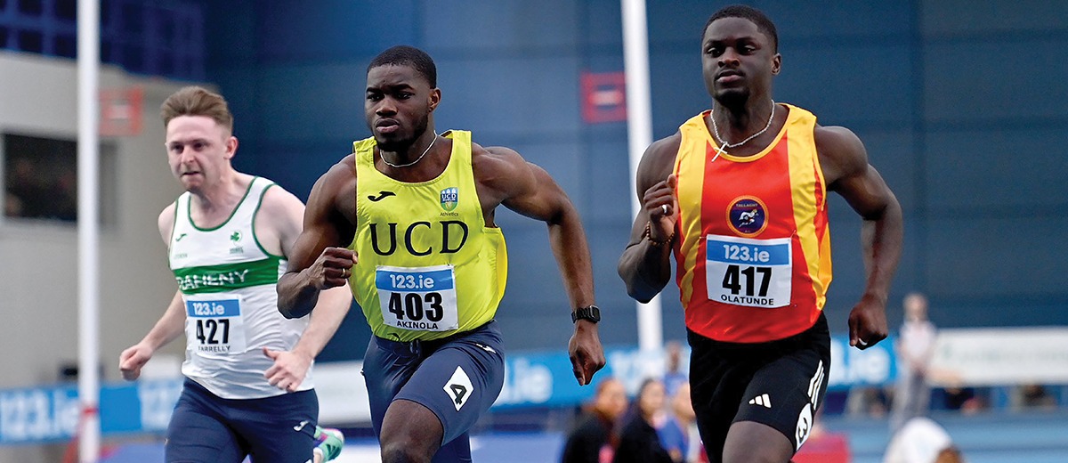 Bori Akinola in the Men’s 60m final at the National Senior Indoor Championships.