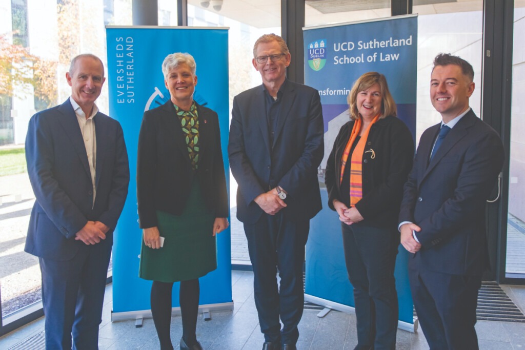 At a conference in UCD Sutherland School of Law: Ciaran Walker, Eversheds Sutherland, Prof. Elizabeth Sheedy, Macquarie University, UCD law alumnus Gerry Cross, Central Bank of Ireland, Prof. Blanaid Clarke, Trinity College Dublin and Dr Joe McGrath, UCD Sutherland School of Law. 