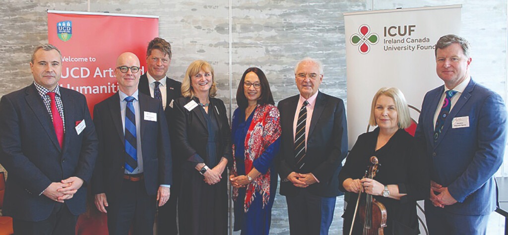 Incoming ICUF Chair, Chris Collenette, Director of the UCD Centre for Canadian Studies, Dr Paul Halferty, ICUF CEO, James Kelly, College Principal, Prof. Regina Uí Chollatáin, Canadian Ambassador to Ireland Nancy Smyth, Outgoing ICUF Chair Dr Desmond Green, Dr Liz Conroy and Senator Malcolm Byrne.