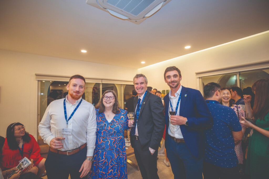 John McCormack, Ambassador Sarah McGrath, Prof. Tony Brabazon and Daniel Kearney. 2. Priyalata Pillay and Karen Mulligan at the alumni reception in Singapore.