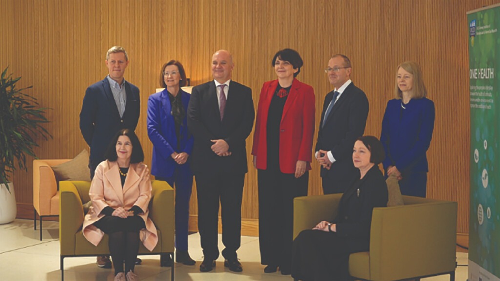 Dr Gerald Barry, Prof. Helen Roche Interim Vice-President for Research, Innovation & Impact, Dr Tony Holohan, Director, Centre for One Health, Prof. Orla Feely, President, UCD, Dr Hans Henri P. Kluge, WHO Regional Director for Europe, Prof. Lorraine Brennan, Prof. Cecily Kelleher, College Principal, College of Health & Agricultural Sciences, Gabrielle Jacob, Head of Regional Governance, WHO regional office for Europe.