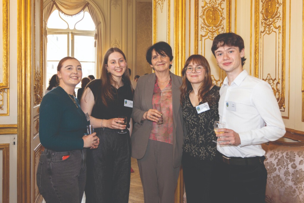 UCD President, Prof. Orla Feely with UCD alumni and Erasmus students Leo Hopkins, Sophia Feely, Síofra Ní Mhidigh and Calista Dowling.