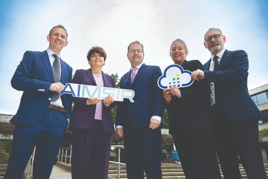 Pictured at the launch of the AIMSIR Centre, Prof. Andrew Parnell, Director; Prof. Orla Feely, UCD President; James Lawless TD, Minister for Further and Higher Education, Research, Innovation and Science; Prof. Kate Robson Brown, UCD Vice President for Research, Innovation and Impact; and Eoin Moran, Director of Met Éireann.
