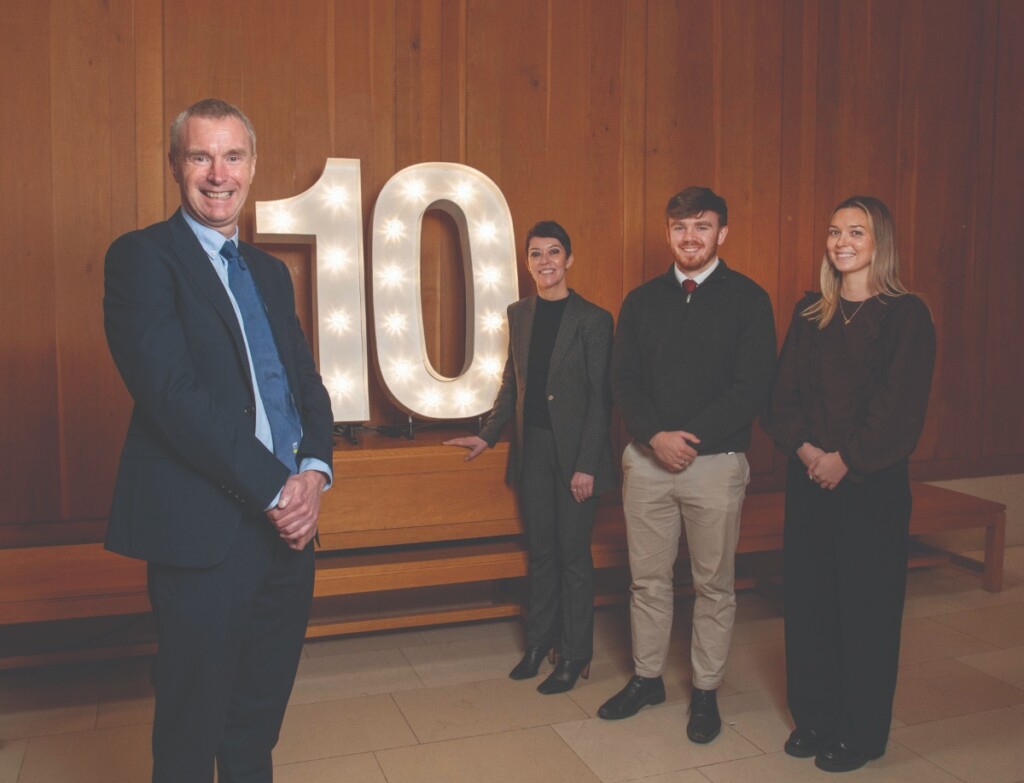 Prof. Anthony Brabazon, Dean of UCD College of Business; Prof. Federica Pazzaglia, Director of UCD Smurfit School; students James Burke and Lauren Dufficy celebrate 10 years placing in the top 30 of the Financial Times European Business Schools ranking.