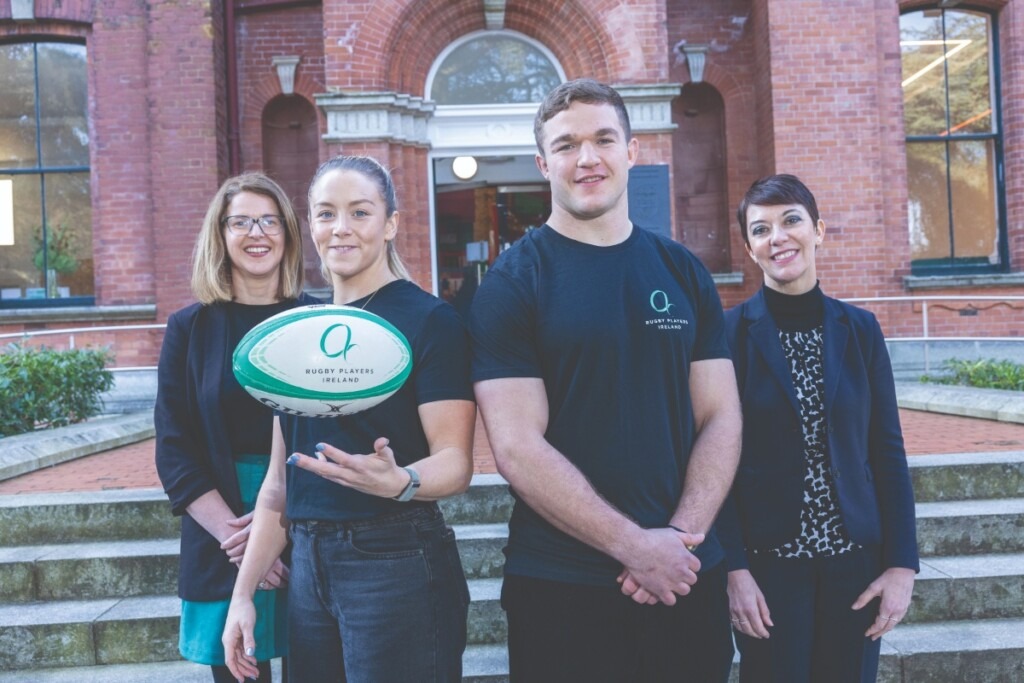 UCD Smurfit School partnered with Rugby Players Ireland to expand leadership development opportunities for players through two MBA scholarships. Pictured: Dr Deirdre Lyons, Director of Player Development & Welfare, Rugby Players Ireland; Stacey Flood, Olympian and professional rugby player; Scott Penny, UCD BComm alumnus and Leinster Rugby player, and Prof. Federica Pazzaglia, Director of UCD Smurfit School.