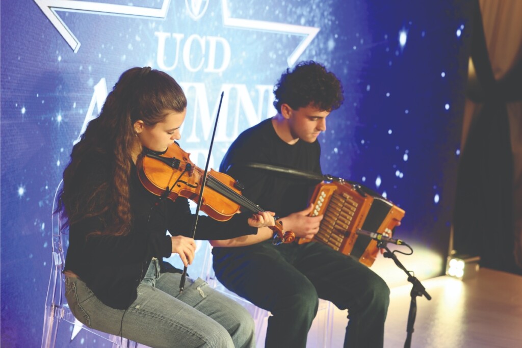 Student performers Sorcha Quigley and Jack Costello of the UCD Traditional Music Practices Group.