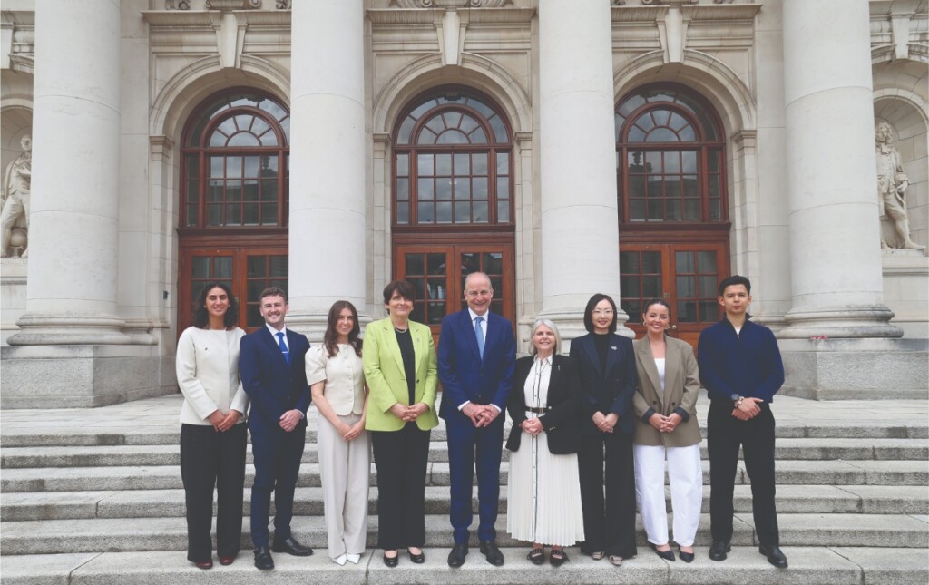 100 years of agriculture education: Pictured with An Taoiseach Micheál Martin at Government Buildings during a special commemorative event: UCD President, Prof. Orla Feely and UCC Prof. Sarah Culloty with UCD students Jenin Zaru, Shane Maher, Rachel O'Reilly and UCC students Bo Zhang, Megan and Lucas Janowski. | Photo by JASON CLARKE