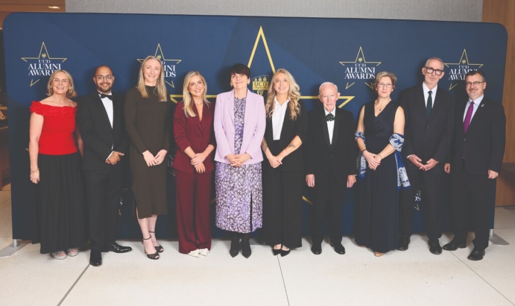 UCD Alumni Awardees 2025: Sarah Keane, Dr Shourjya Sanyal, Louise Quinn, Aimee Connelly, UCD President, Prof. Orla Feely, Holly Ryan (representing Emily O’Reilly), Dr Peter J. Timoney, Dr Úna McCarthy-Fakhry, Niall McLaughlin and UCD Deputy President, Prof. Colin Scott.