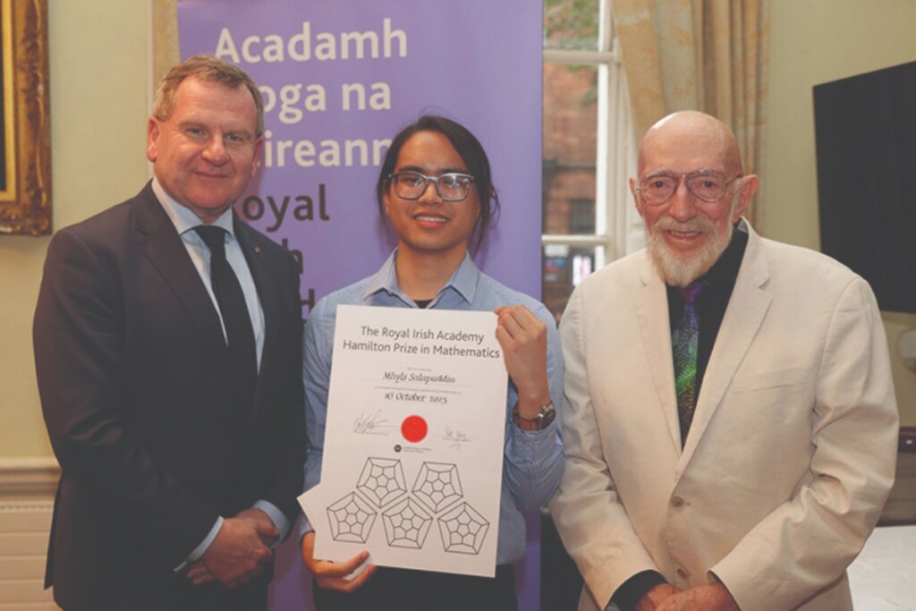 Danny McCoy, CEO of Ibec; Mhyls Salappudin, UCD Mathematics student and Prof. Kip Thorne, the 2025 Hamilton Speaker.