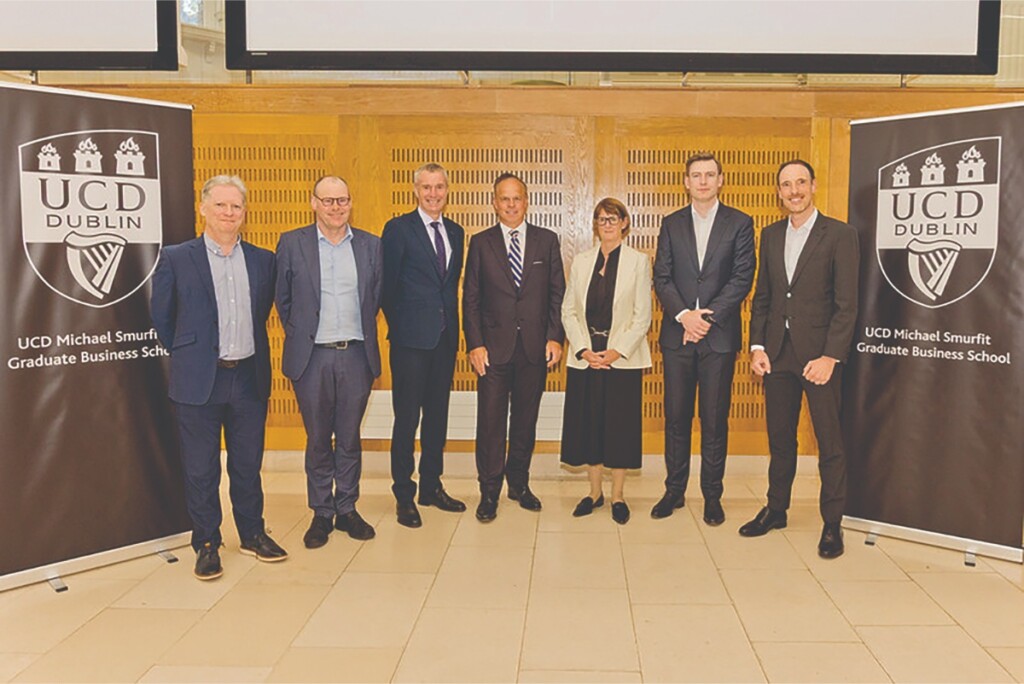 10th anniversary of MSc in Aviation Finance event, with Dr Emmet Oliver, UCD, Prof. John Cotter, UCD, Prof. Tony Brabazon, UCD, Peter Juhas, CFO, AerCap, Catharine Ennis, CLO, SMBC Aviation Capital, Ross O’Connor, CFO, Avolon, and Prof. Thomas Conlon, UCD.