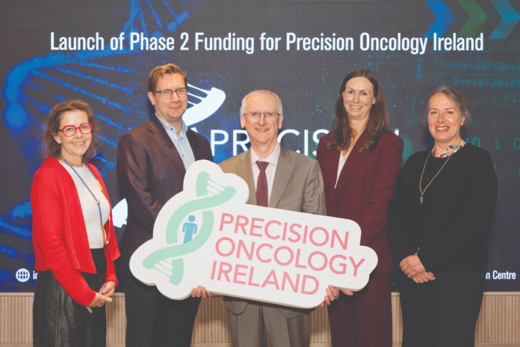 Siobhan Gaynor, Advanced Cancer Patient Council member and patient researcher; Prof. Donal Brennan, UCD Professor of Gynae-Oncology, Consultant Gynaecological Oncologist at the Mater Hospital and Deputy-Director of POI; Prof. Walter Kolch, Director of Precision Oncology Ireland and Systems Biology Ireland (based at UCD); Dr Siobhan Roche, Director of Science for the Economy, Taighde Éireann–Research Ireland; Prof. Kate Robson Brown, UCD Vice-President for Research, Innovation and Impact.
