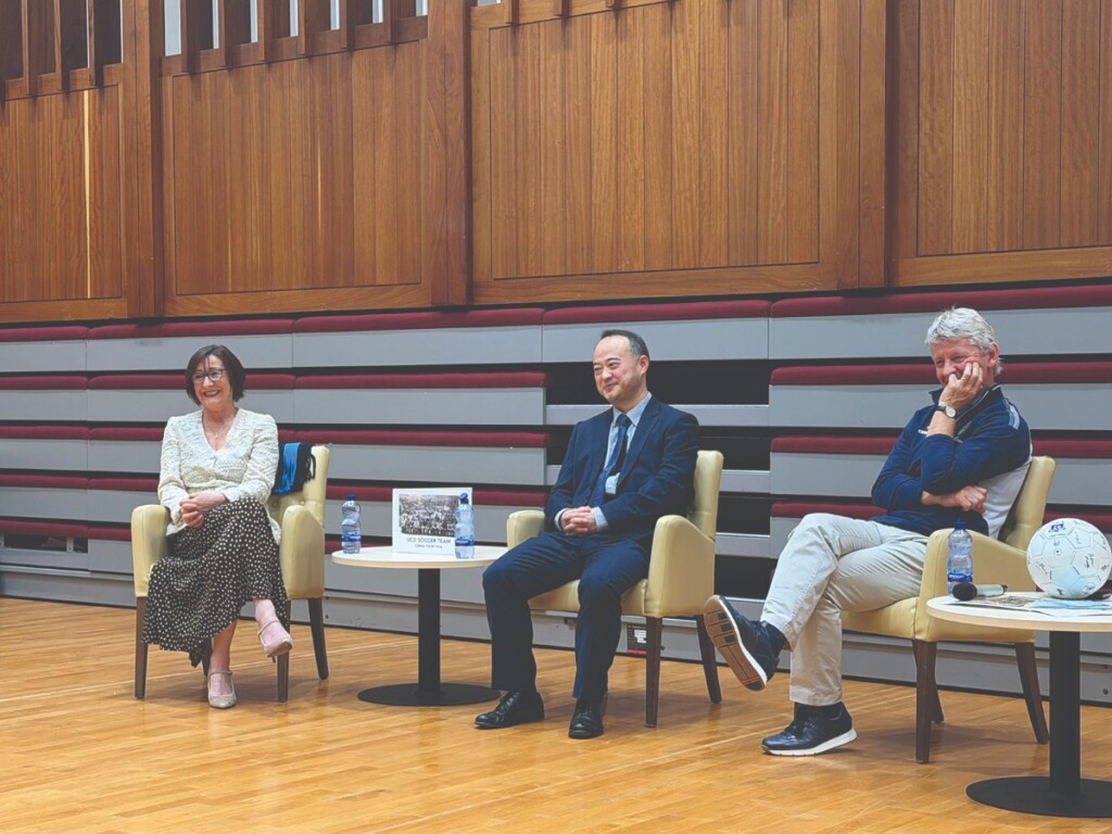 Prof. Dolores O’Riordan, Ambassador Zhao Xiyuan, Paddy Dwyer, UCD alumnus and member of the 1976 team.