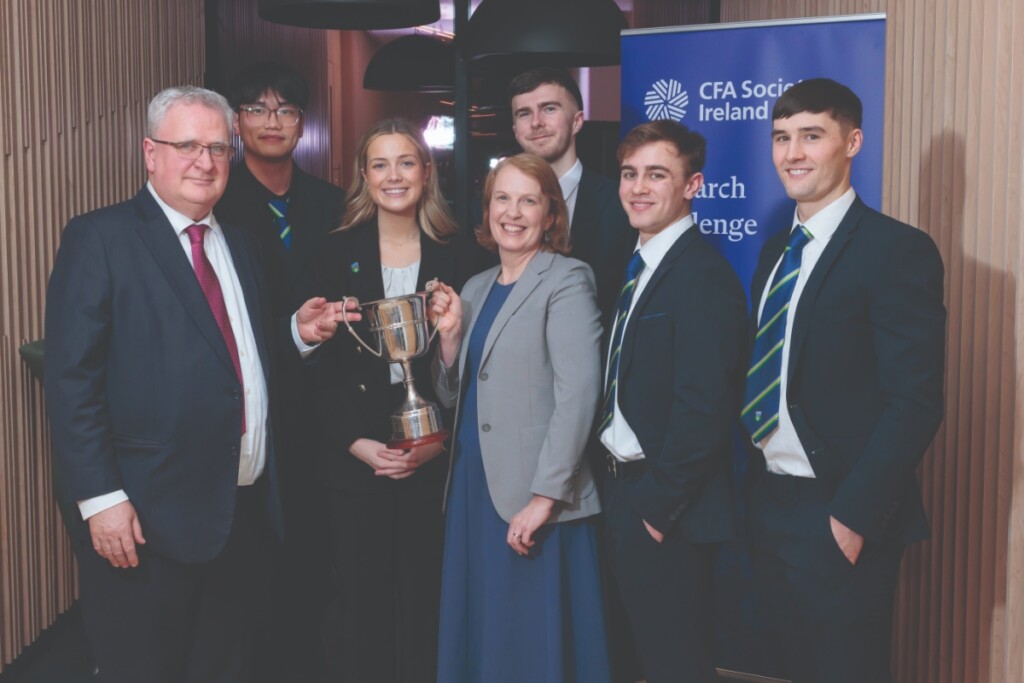 Dr Cormac Mac Fhionnlaoich (Academic Mentor), Guoxuan Huang (MSc in Quantitative Finance student), Beth Murray (MSc in Finance student, BComm ’25), Marie Gillespie (AIB, Professional Mentor), Josh Gantly (MSc in Finance student, BComm ’24), Michael Nealon (MSc in Finance student, BComm ’24) and David Crowe (MSc in Quantitative Finance student, Economics & Finance ’25) at the CFA Ireland Research Challenge.