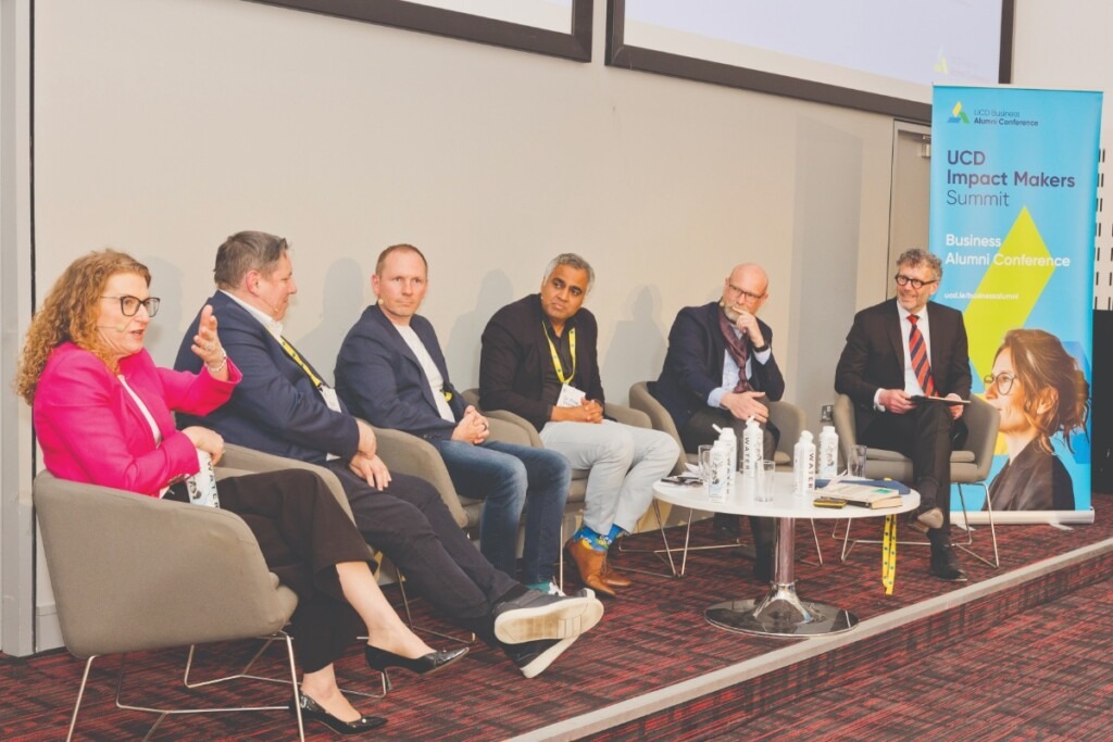 AI panel discussion with Hilary O’Meara, Country Managing Director, Accenture Ireland; Enda McDonagh, Managing Partner, PwC Ireland; Colin Banville, Partner, AI Solution Architecture, EMEA at Stripe; Dr Prag Sharma, Director, Future of Finance, Citi Institute; Prof. Martin Mocker, ESB Business School, Germany; and Prof. Joe Peppard, UCD.