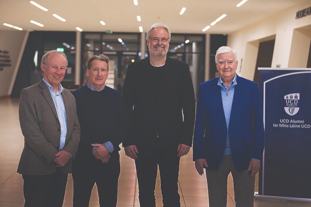 Prof. Padraig Dunne; Dr John K. White; Prof. Dominic Zerulla, Head of UCD School of Physics; and Emeritus Prof. Peter I. Mitchell, at the Physics Reunion.