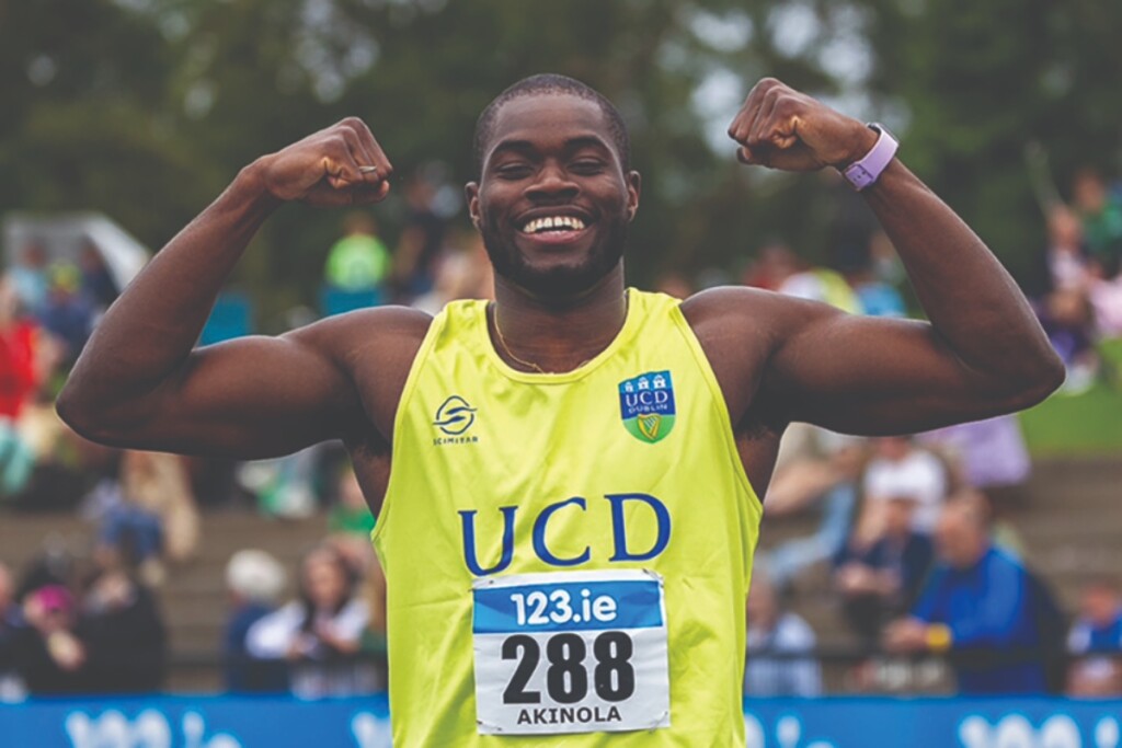 UCD AC sprinter Bori Akinola celebrating a personal best in the 100m at the Stratford Speed GP.