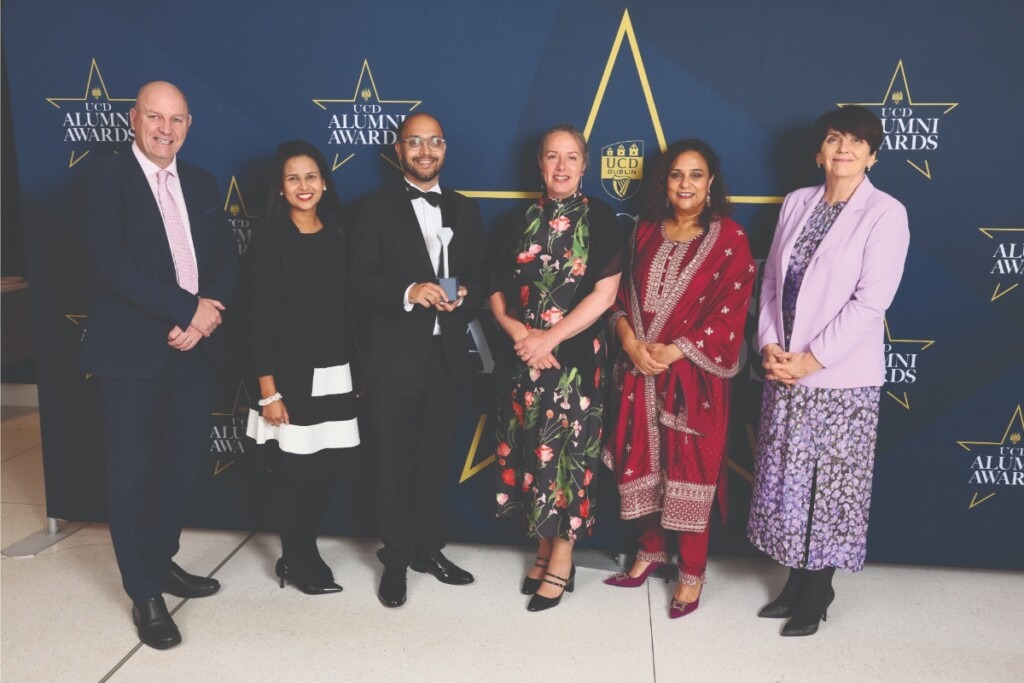 Liam Cronin, Director of Innovation, NovaUCD; Nitheen Kaperi Sanyal; Dr Shourjya Sanyal, UCD Alumni Awardee in Research, Innovation and Impact; Prof. Kate Robson Brown, UCD VP Research, Innovation and Impact; Dipti Pandya, Director, UCD Research; and Prof. Orla Feely, President of UCD.