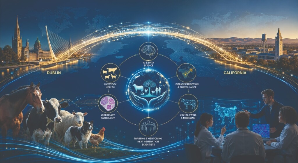 Celebrating transatlantic research initiatives funded by the UCD-UC Davis alliance is a study exploring “AI in Veterinary Medicine for One Health”.