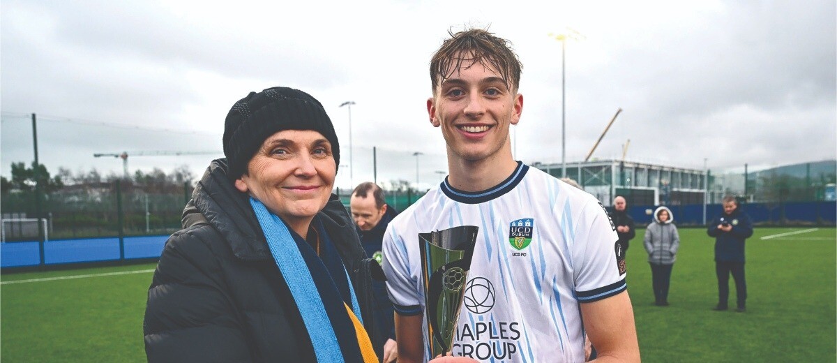 President Orla Feely and Hugh Smith, UCD AFC Harding Cup winning captain.