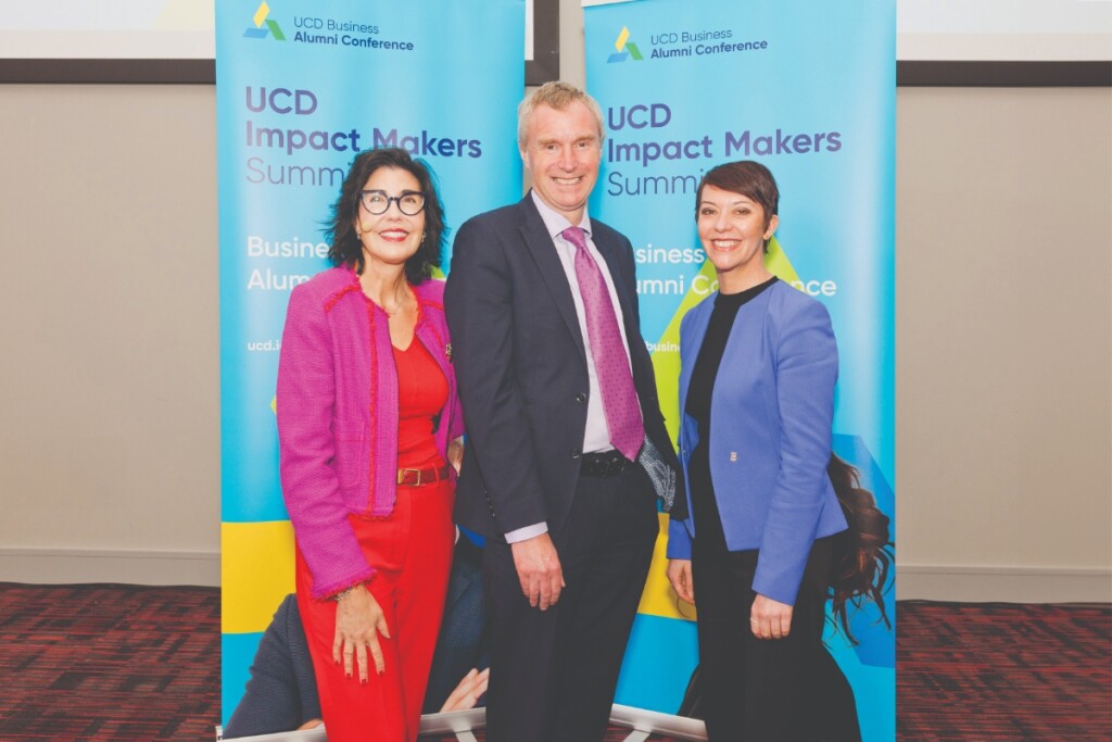 Tina Fordham; Dean of Business, Prof. Anthony Brabazon; and UCD Smurfit School Director, Prof. Federica Pazzaglia at the 2026 UCD Impact Makers Summit.