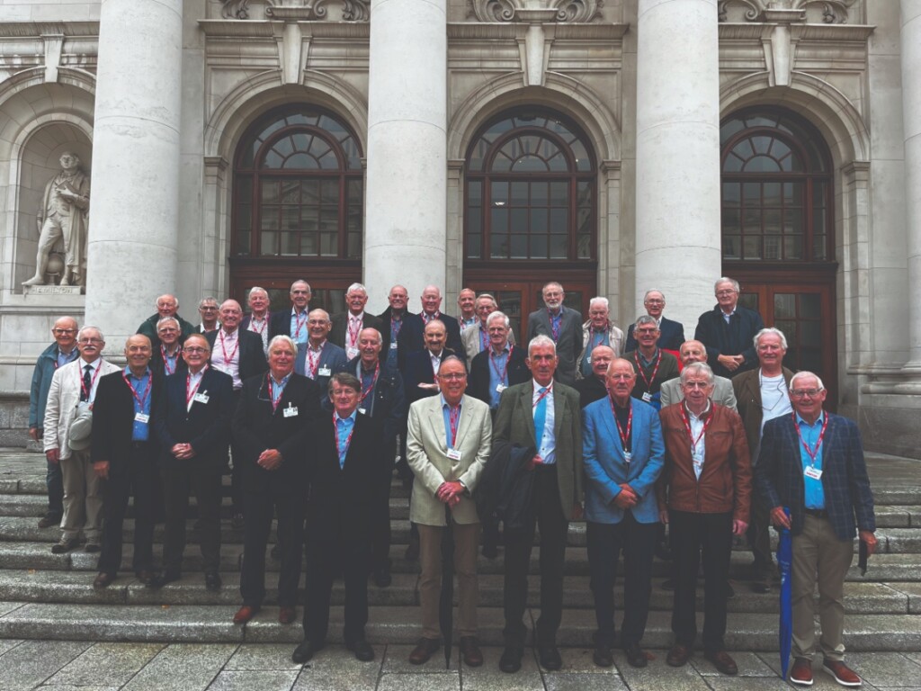 UCD BE 1975 50th Anniversary at Government Buildings. UCD Engineering moved from Merrion Street in 1989 to Richview/Belfield campus. Reunion organisers Ed Hanlon, Colm Bannon, and P. J. Rudden.