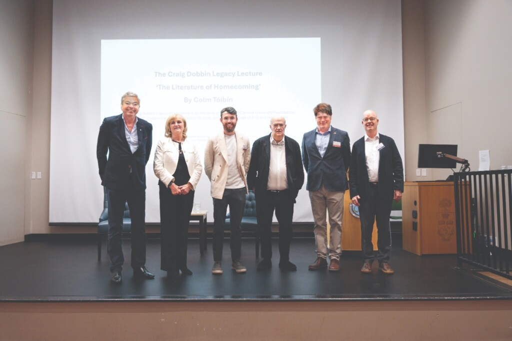 Mark Dobbin; Amanda Hopkins, ICUF Canada Chair; Pa Sheehan, ICUF Programme Manager; Colm Tóibín, award-winning author; James Kelly, Executive Director, ICUF; and Dr Paul Halferty, Director, UCD Centre for Canadian Studies.
