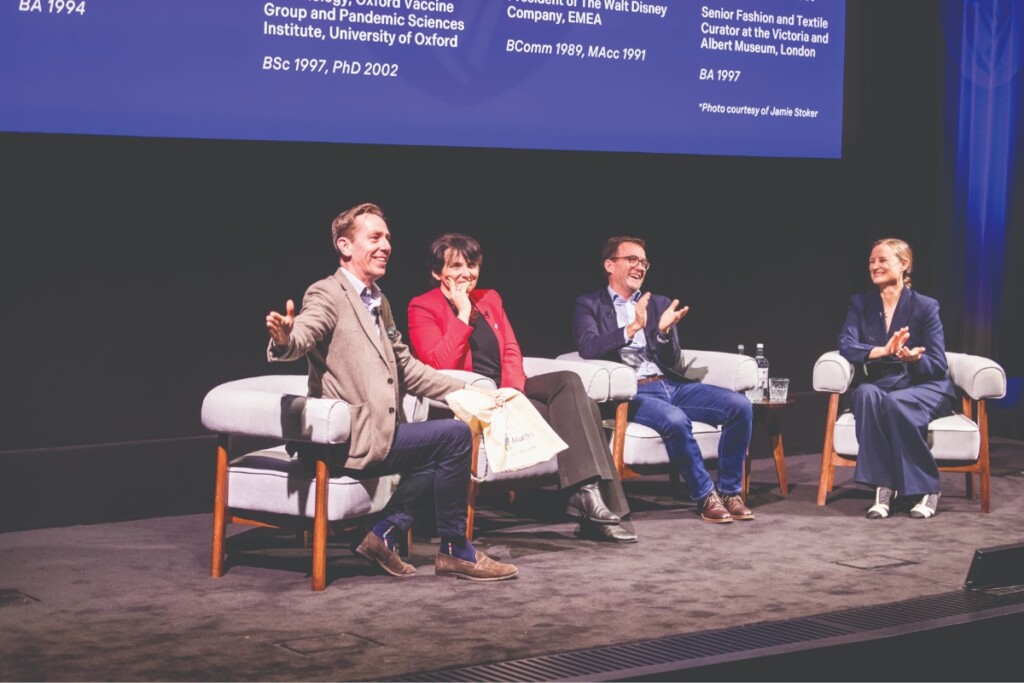 Ryan Tubridy, UCD alumnus and broadcaster; Prof. Orla Feely, UCD President; Tony Chambers, President EMEA, The Walt Disney Company; and Oriole Cullen, Head of Modern Textiles & Fashion, Victoria & Albert Museum, on stage at UCD Alumni London Live.
