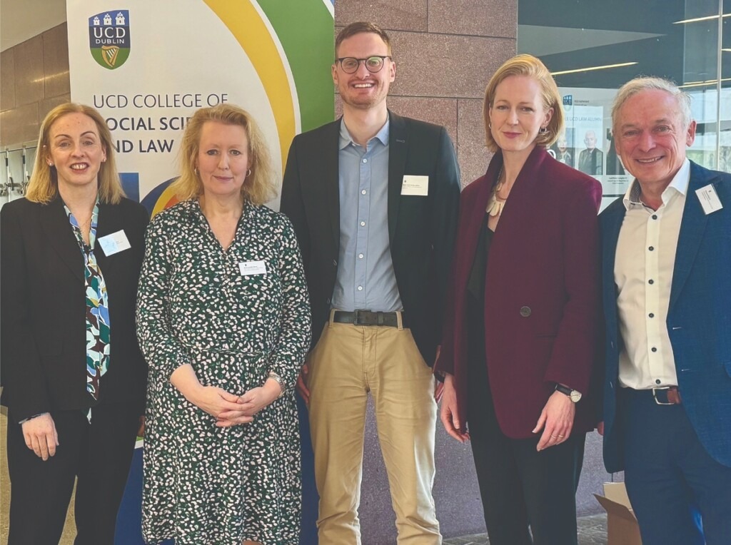 Prof. Niamh Moore-Cherry, Principal of UCD College of Social Sciences and Law; Prof. Michelle Norris, Geary Institute; Assoc. Prof. Stefan Müller, UCD School of Politics and International Relations; Cathy Madden, Department of Enterprise, Tourism and Employment; and Richard Bruton, Chairperson of Social Enterprise Republic of Ireland and former Government Minister, pictured at Research and Engagement Day 2026.