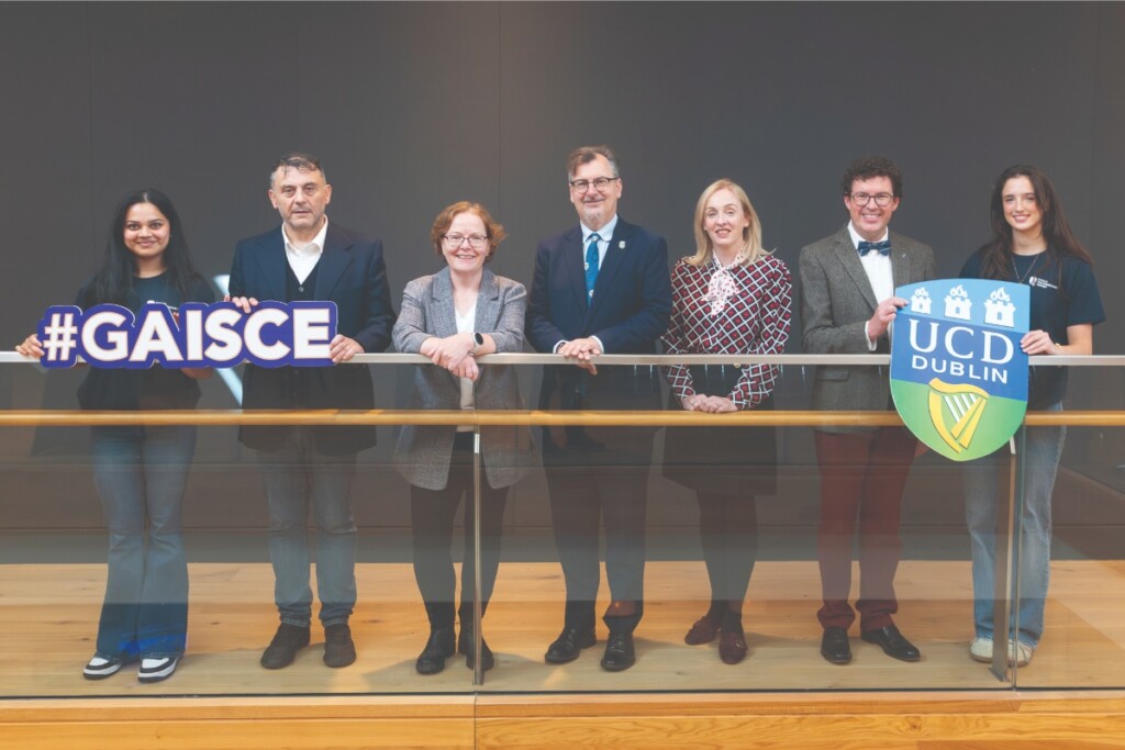 Prof. Colin Scott, UCD Registrar; Prof. Niamh Moore-Cherry, Principal of UCD College of Social Sciences and Law; Avril Ryan, CEO of Gaisce; Prof. Alessandro Benati, Head of UCD School of Education; Assoc. Prof. Shane Bergin, UCD School of Education and Gaisce Council Member; and UCD students and Gaisce participants Deksha Shankar and Meabh Lavelle, pictured at the UCD and Gaisce partnership, which established a first-of-its-kind elective module enabling students to pursue their Gaisce Award as part of their university experience.