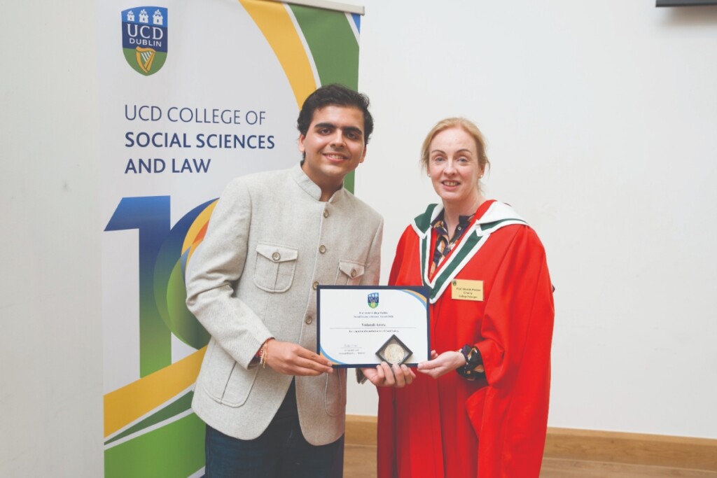 Prof. Niamh Moore-Cherry, Principal of UCD College of Social Sciences and Law, with Vedansh Arora, recipient of the UCD Award for Contribution to UCD and Society, at the UCD Student Awards.
