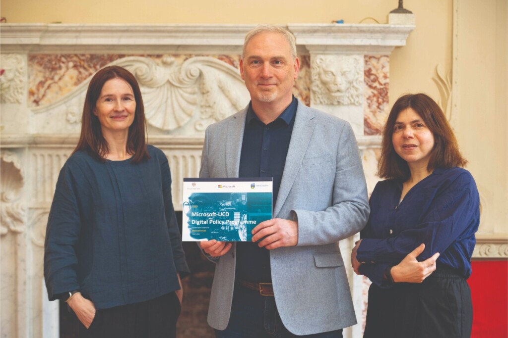 Ciarán Conlon, Director of Public Policy at Microsoft Ireland, with Dr Elizabeth Farries and Prof. Eugenia Siapera of UCD Centre for Digital Policy at the launch of the new MSc in Digital and AI Policy.